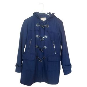 Michael Kors Blue Pea Coat With  Hood And Toggle Closures, Petite Large.